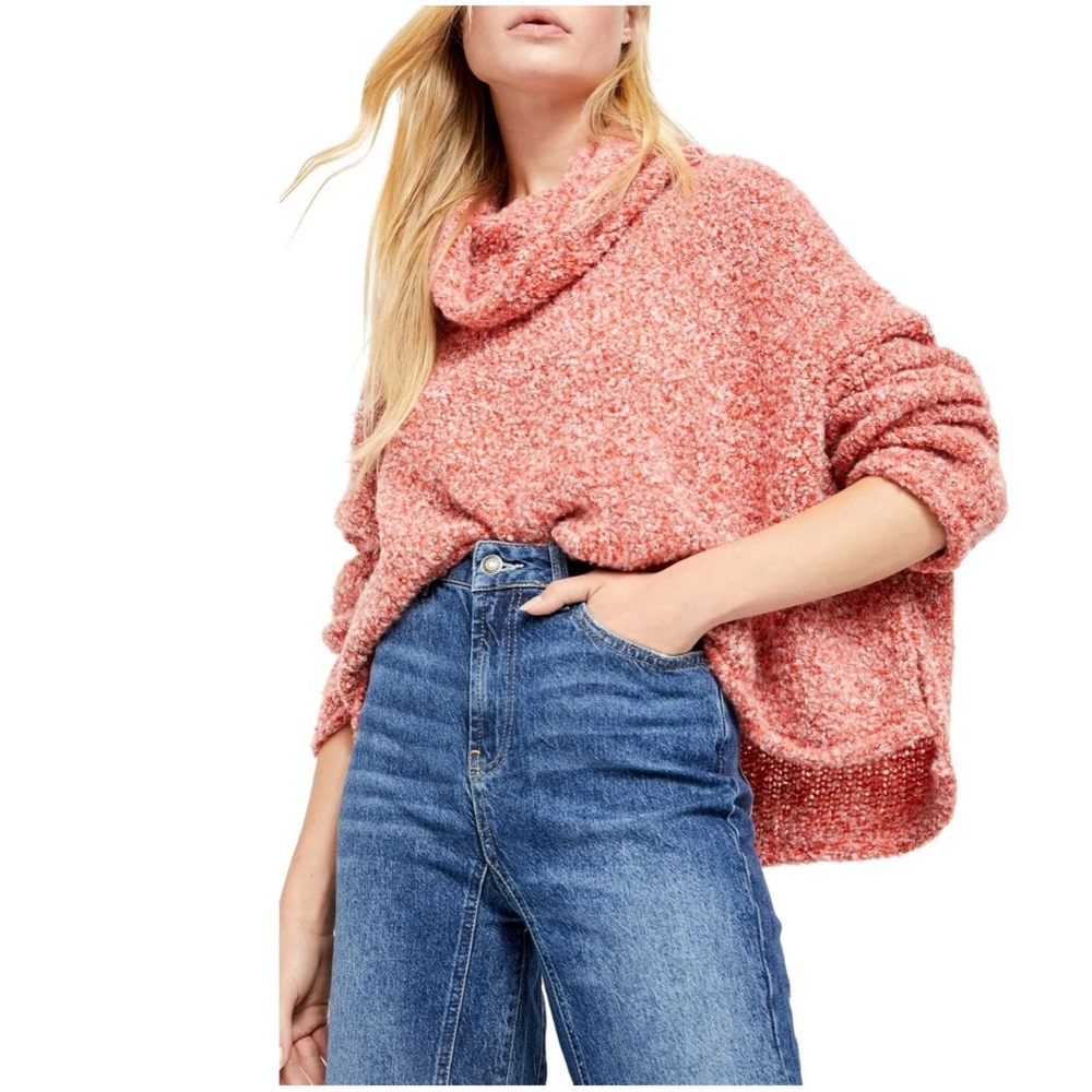 Free People Bouclé Knit Cowl Neck Sweater XS Orange Cozy Chunky Pullover - Picture 5 of 5